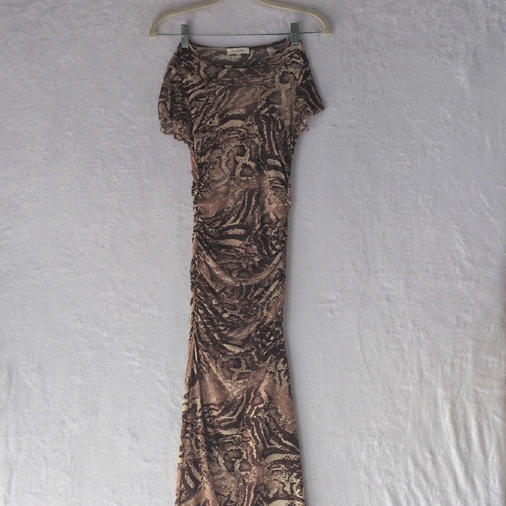 No Comment Junior's Tan Animal Snakeskin Print Bodycon Ruched Dress Size S